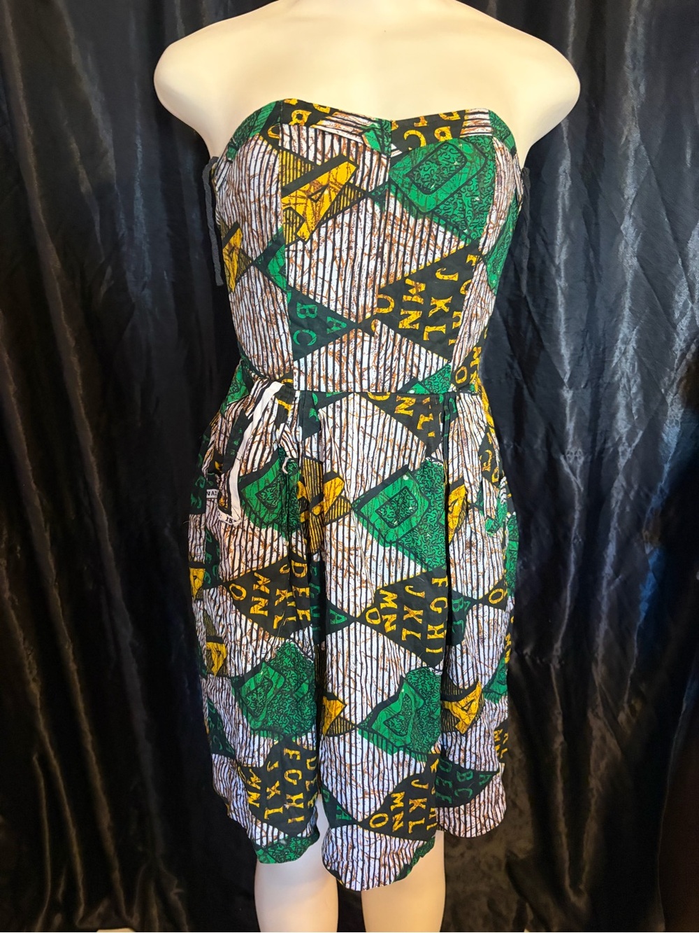Zachary's Smile Strapless Green, Yellow & White Patterned Dress